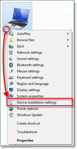 „Windows 7“ kompiuterio kontekstiniame meniu ir eikite į įrenginio diegimo parametrus