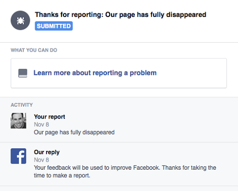 pranešti apie trūkstamą „Facebook“ puslapį