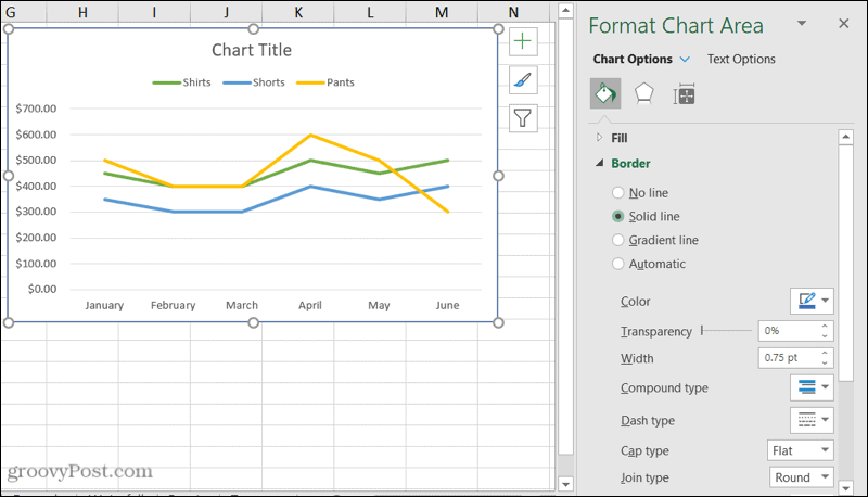 Formatuokite diagramos šoninę juostą „Excel“