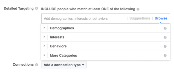 „Facebook“ siūlo tris pagrindines taikymo kategorijas.