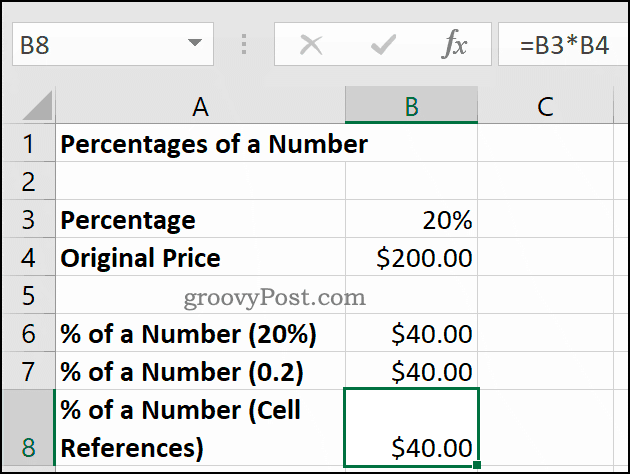 Skaičiaus procentai, rodomi „Microsoft Excel“