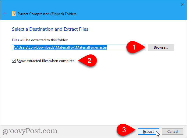 „Windows 10“ dialogo langas „Ištrauka“