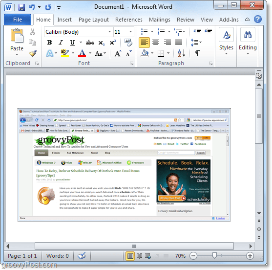 naudojant turimą langą ekrano kopijai „Office 2010“