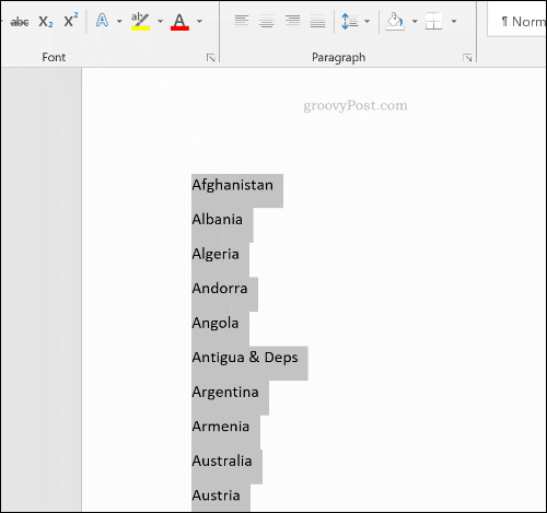 Rūšiuotas sąrašas „Microsoft Word“