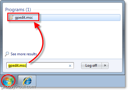 Įveskite „gpedit.msc“ į „Windows 7“ užduočių juostą, kaip patekti į vietinę grupės strategijos rengyklę 7 lange