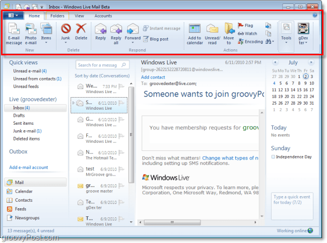 šauni nauja juostelė „Windows Live Mail“