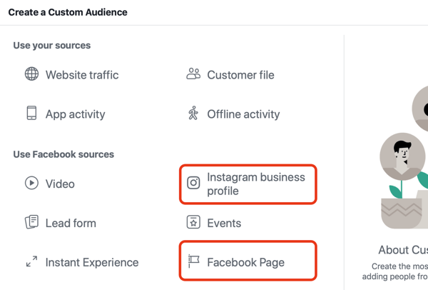 Naudokite „Facebook“ skelbimus norėdami reklamuotis žmonėms, kurie lankosi jūsų „Facebook“ puslapyje ar „Instagram“, 1 žingsnis.
