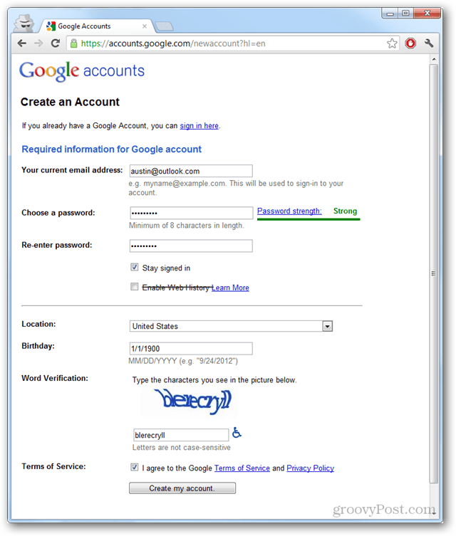 Sukurkite „Google“ sąskaitą „Sans Gmail“