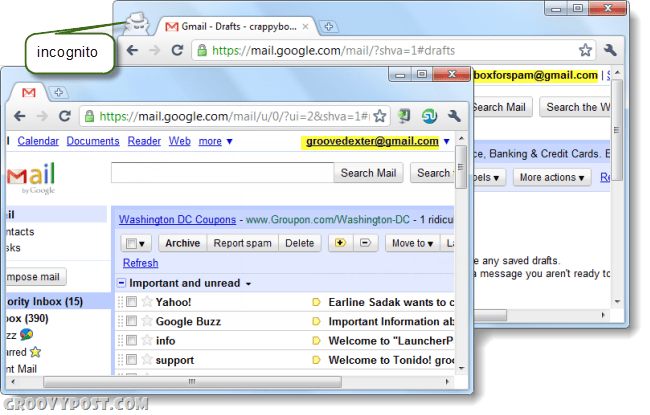 kompiuteris, kuriame veikia dvi „gmail“ paskyros „chrome“