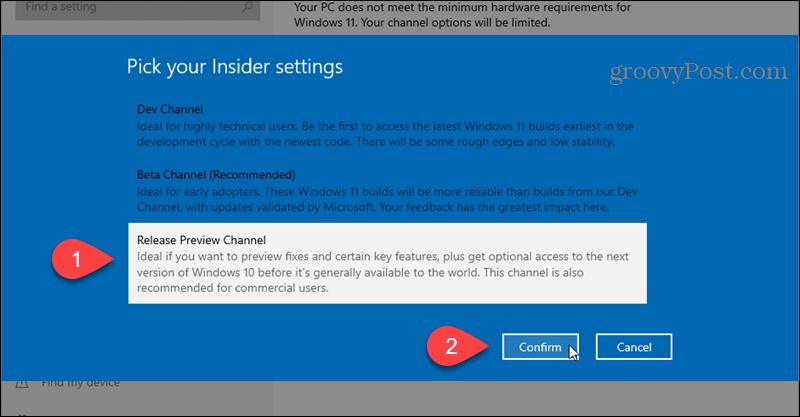Pasirinkite „Windows Insider“ programos leidimo peržiūros kanalą