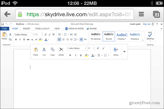 Sukurkite naują Word failą SkyDrive iOS