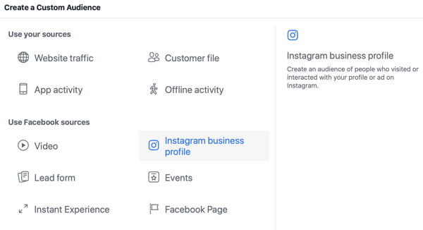 Kaip strategiškai išplėsti „Instagram“, atlikite 3 veiksmą, pasirinkite šaltinio „Instagram“ verslo profilio parinktį