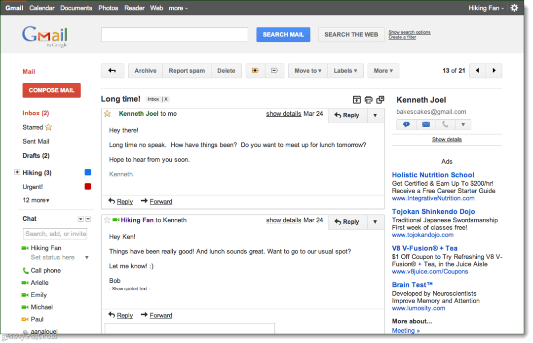 „Gmail“ peržiūros pokalbio tema