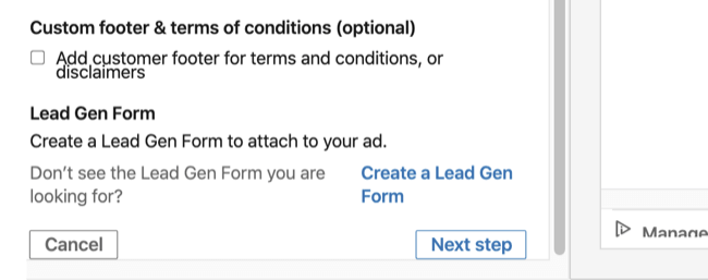 „LinkedIn“ pokalbio skelbimų sąrankos skiltyje „Pagrindinė informacija“ galima pasirinkti „Lead Gen Form“