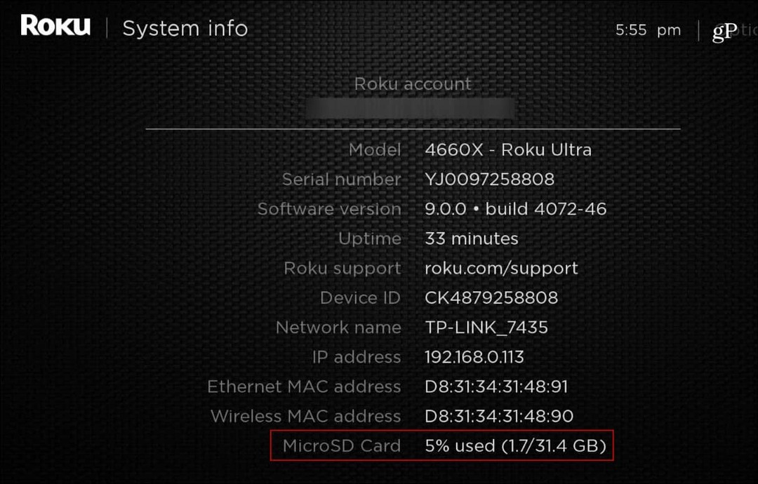 „Roku_Ultra“ sistemos informacijos „MicroSD“ kortelė