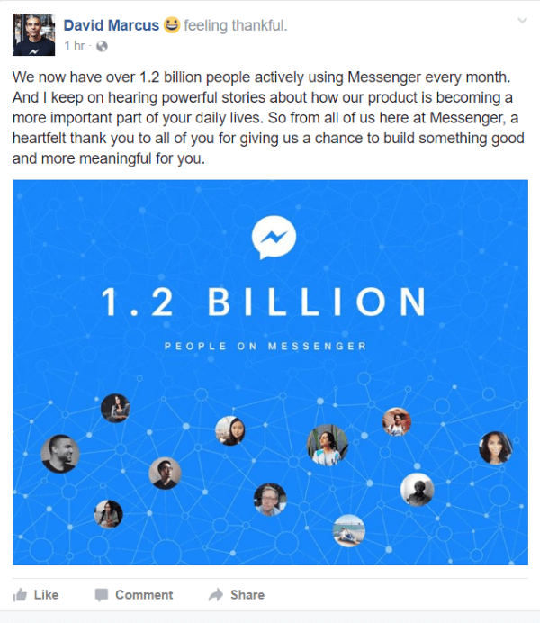 „Facebook“ atskleidė, kad šiuo metu kiekvieną mėnesį „Messenger“ aktyviai naudojasi daugiau nei 1,2 milijardo žmonių.