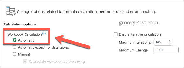„Excel“ automatinio skaičiavimo parinktys