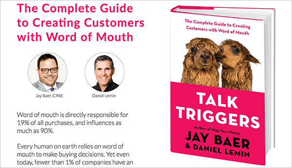 Tai „Talk Triggers“ svetainės ekrano kopija. Kairėje pusėje yra tekstas apie knygą ir Jay Baerio bei Danielio Lemino nuotraukos. Dešinėje yra knygos „Talk Triggers“ viršelis.