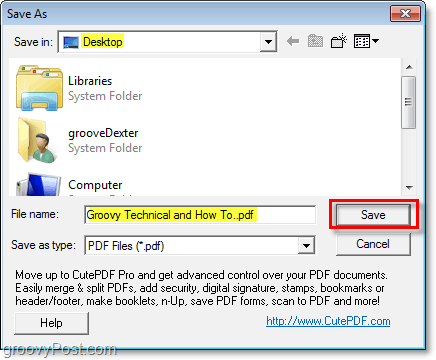 „Windows“ rinkitės naujai sukurto pdf failo išsaugojimo failo vietą per „cutePDF“