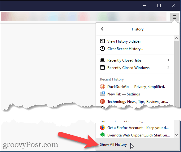 Pasirinkite „Rodyti visą istoriją„ Firefox “