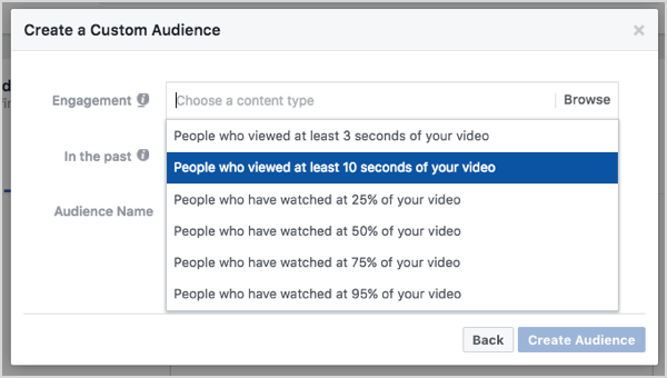 „Facebook“ pasirinkta auditorija, pagrįsta 10 sekundžių vaizdo įrašų peržiūromis.