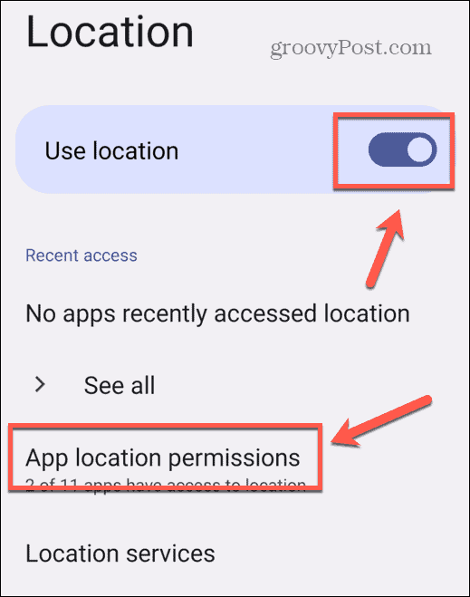Android vietos leidimai