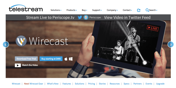 „Wirecast“ leidžia transliuoti į „Facebook Live“, „Periscope“ ir „YouTube“.