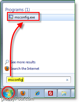 paleiskite „msconfig.exe“ iš meniu „Windows 7“ pradžios meniu