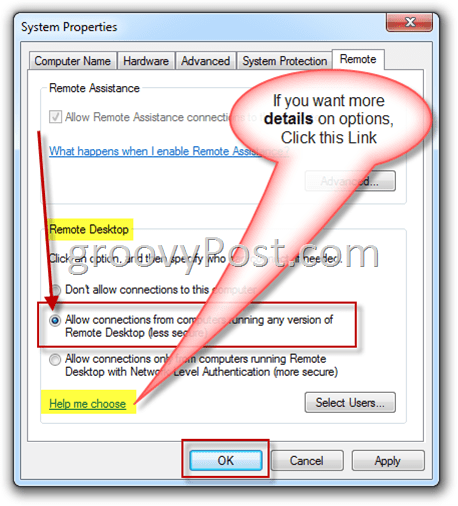„Windows 7“ - nuotoliniai nustatymai įgalina RDP radijo mygtuką