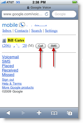 „Google Voice Mobile“ Skambinkite arba siųskite SMS teksto žinutę