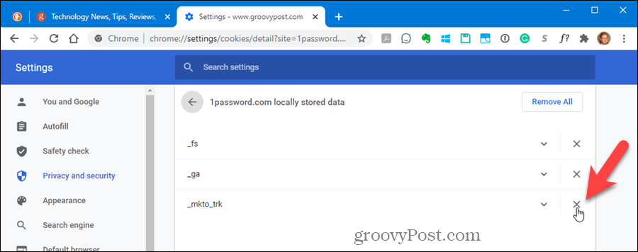 Ištrinkite atskirą slapuką „Chrome“ nustatymuose