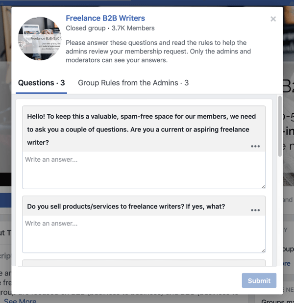 Kaip patobulinti „Facebook“ grupės bendruomenę, „Facebook“ grupės naujų narių klausimų, kuriuos pateikė „Freelance B2B Writers“, pavyzdys