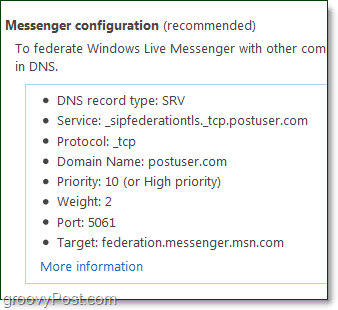 nustatykite „Messenger“ konfigūraciją, kad naudodami „Windows Live Messenger“ naudotumėte savo domeną