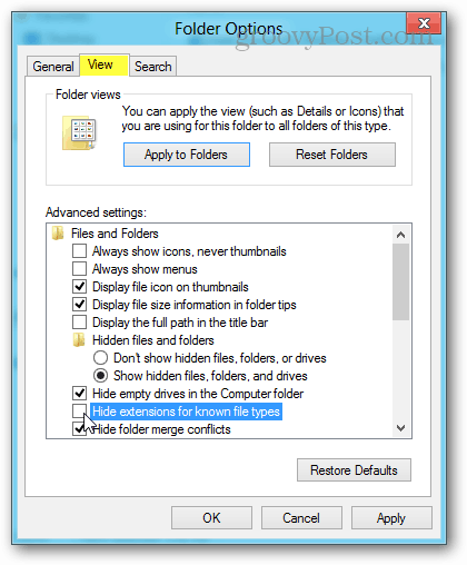 peržiūrėti aplanko parinktis „Windows 8“