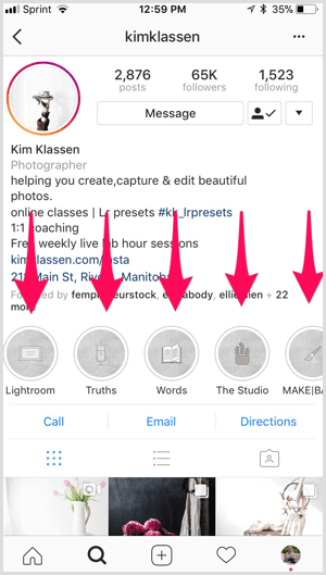 „Kim“ pažymėti „Instagram“ akcentai Kim Klassen profilyje.