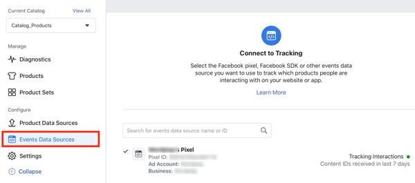 Norėdami prijungti „Facebook“ tašką prie savo katalogo, naudokite „Facebook“ įvykių sąrankos įrankio 24 veiksmo meniu parinktį