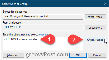 Įveskite vartotojo vardą ir spustelėkite Tikrinti vardus, kad gautumėte „Windows“ registro raktą
