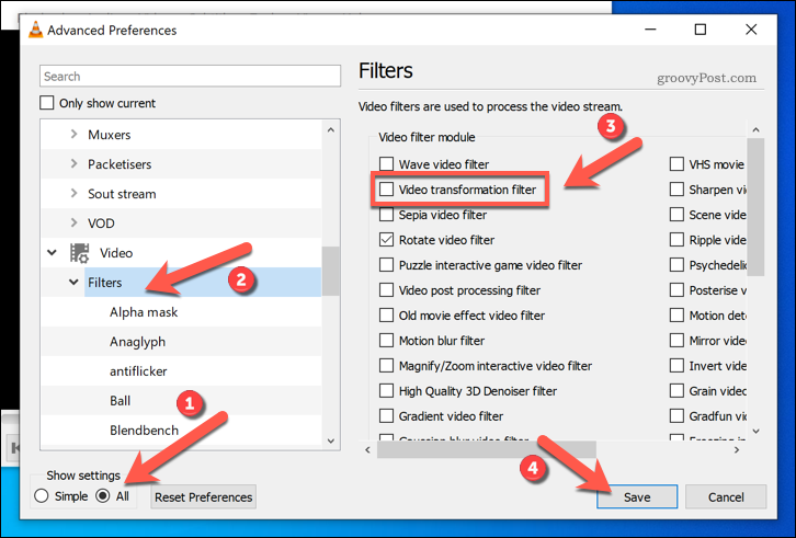 Vaizdo transformavimo filtrų įgalinimas VLC sistemoje „Windows“