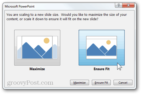 mastelio keitimas naujo dydžio vaizdo santykiu „Powerpoint 2013“ funkcija maksimaliai padidins, užtikrins tinkamumą
