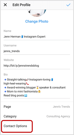 Kontaktų parinktys „Instagram“ redaguoti profilio ekraną