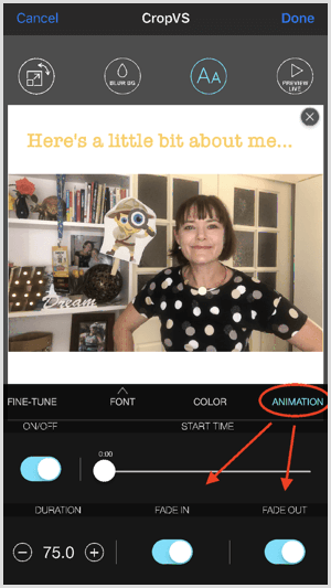 Palieskite „Animacija“, kad koreguotumėte „CropVS“ išblukimo ir išblukimo nustatymus.