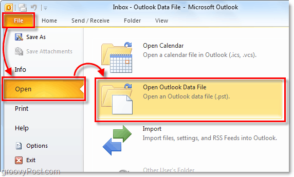 atidarykite aplanką, kuriame yra jūsų archyvo pst failas iš „Outlook 2010“.