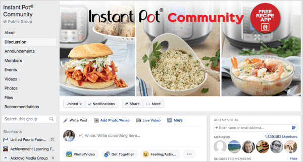 „Instant Pot Community“ „Facebook“ grupė, sudaryta iš daugiau nei milijono narių.