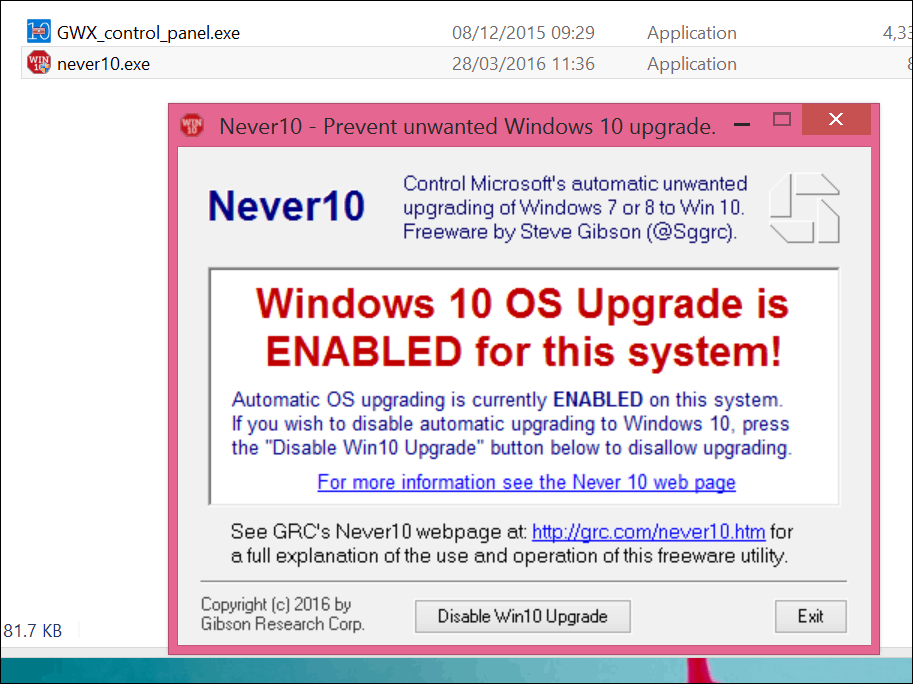 Sustabdykite „Windows 10“ naujinimą naudojant „Never 10“ arba pačią „GWX App“