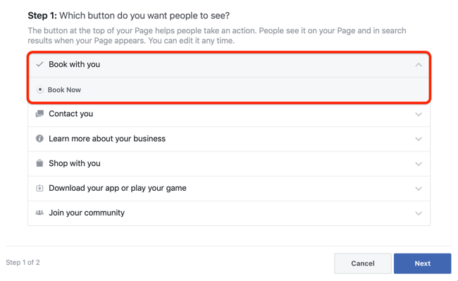 1 žingsnis, kaip pridėti paskyrimų CTA prie „Facebook“ puslapio