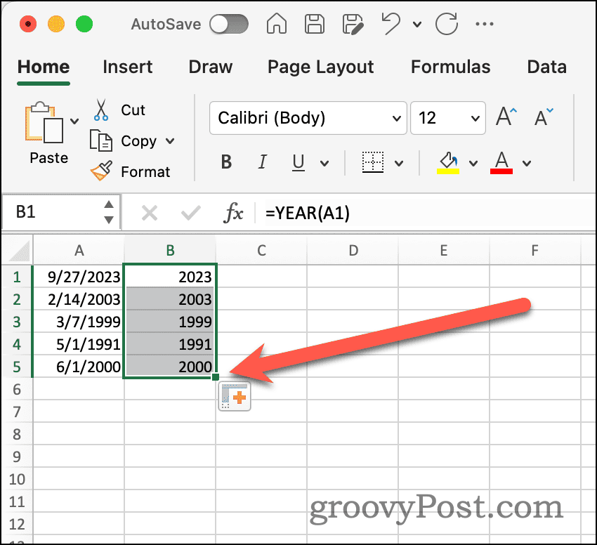 Automatinio pildymo rankena programoje „Excel“.