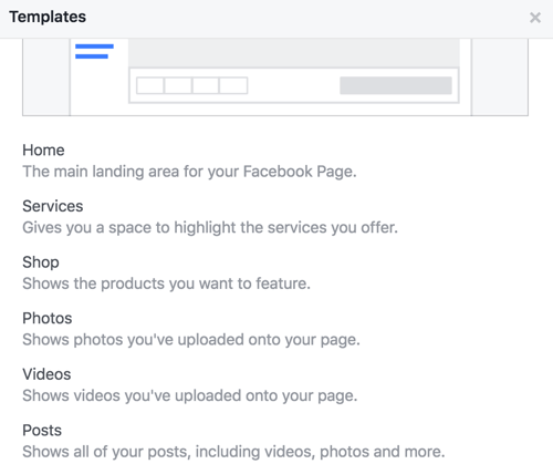 Gaukite išsamią informaciją „Facebook“ puslapio šablono skirtukuose.