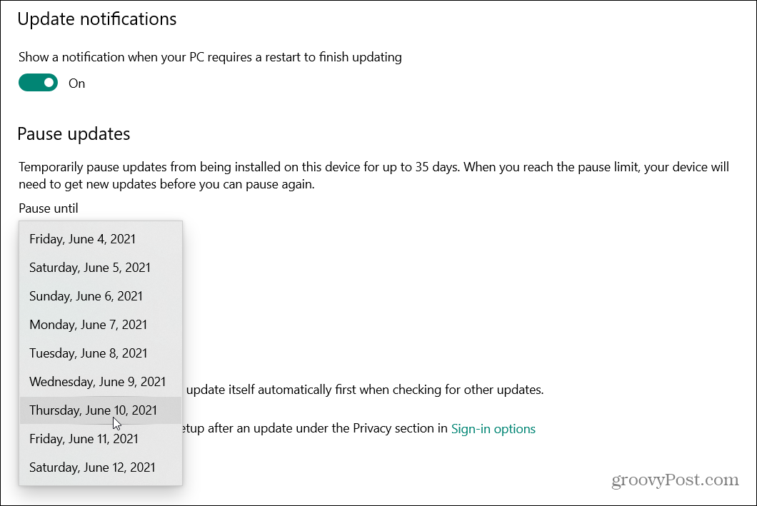 Kaip atidėti 2021 m. Gegužės 10 d. „Windows 10“ naujinimą (21H1 versija)