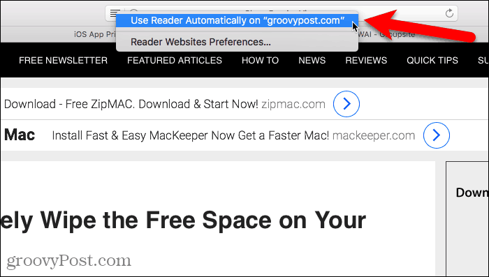 Automatiškai naudokite „Reader“ naudodami „Mac“ skirtą „Safari“