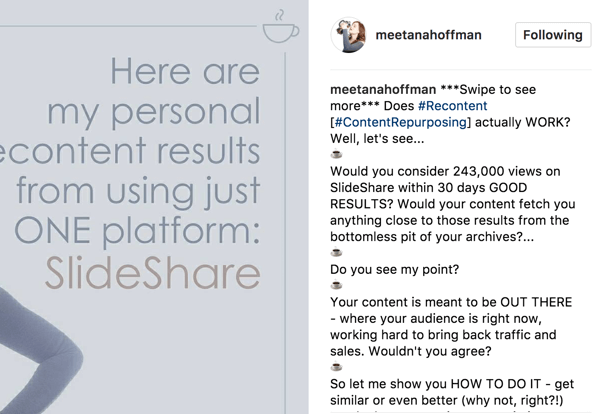 Į savo „Instagram“ albumo antraštę įtraukite teiginį, kad perbrauktumėte, kad pamatytumėte daugiau, kad auditorija nepraleistų.
